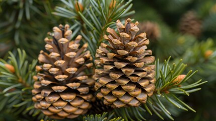 Fototapeta premium Douglas Fir (Pseudotsuga menziesii): Known for its timber and unique cone bracts, this evergreen isn't a true fir but plays a significant role in forestry. 