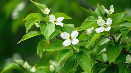 Obraz premium Dogwood (Cornus): Distinguished by their spring flowers and unique bark, dogwoods have simple leaves and produce red or white berries, adding charm to any landscape. 