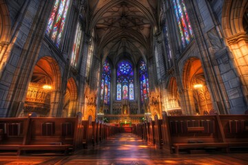 Obraz premium Church Interior with Stained Glass Windows.