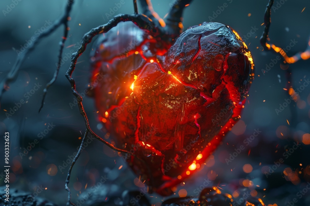 Poster 3d icon of a heart represents emotion on blank background with glowing 3d heart shape