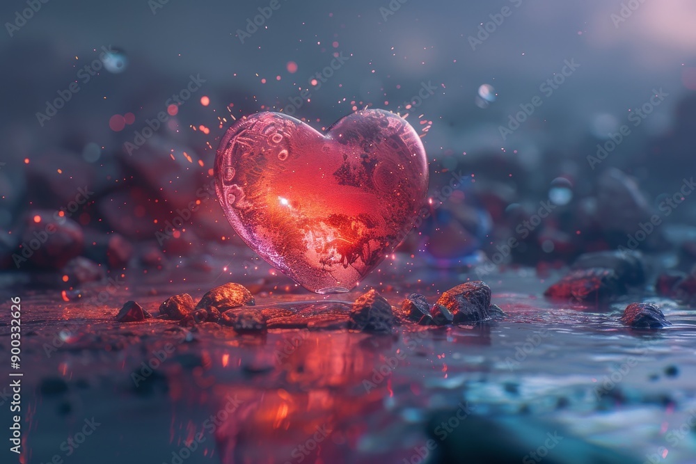Poster 3d icon of a heart represents emotion on blank background with glowing 3d heart shape