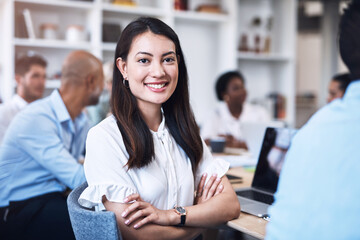 Business woman, confidence and meeting portrait for growth report, laptop and teamwork in office. Employee lady, arms crossed and project collaboration with computer, strategy discussion and planning