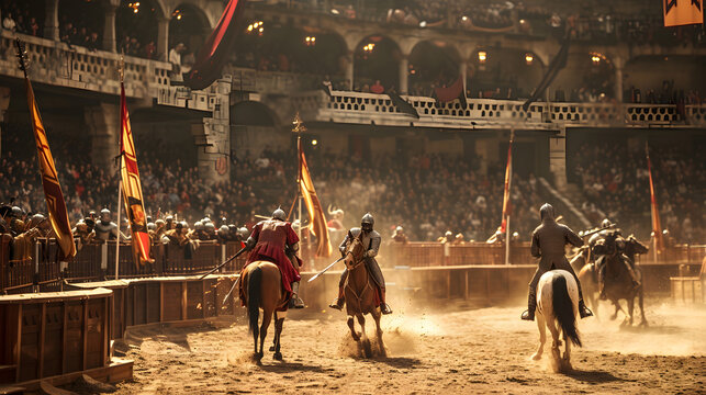 "Medieval knights compete in a jousting tournament before a majestic crowd in a grand arena."