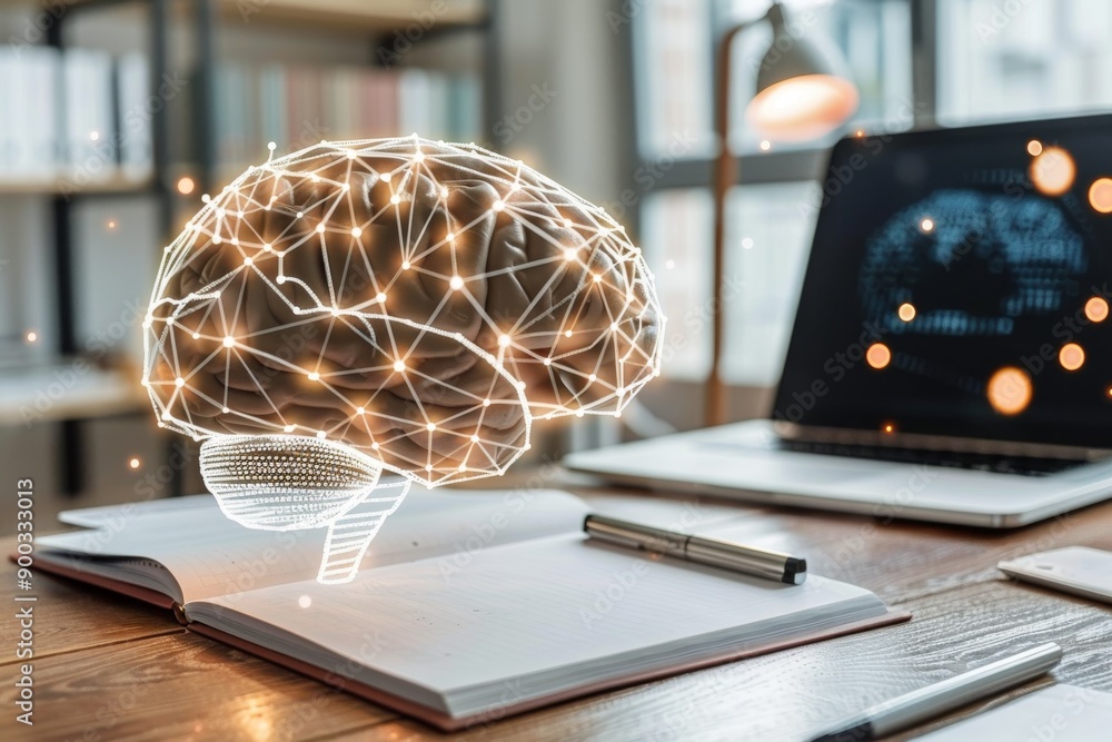 Poster artistic illustration of a brain with neural connections on a light background symbolizing cognitive