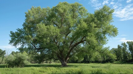 Obraz premium Cottonwood (Populus deltoides): These fast-growing trees feature triangular leaves and cottony seeds, flourishing in riparian zones and providing quick, dense shade. 