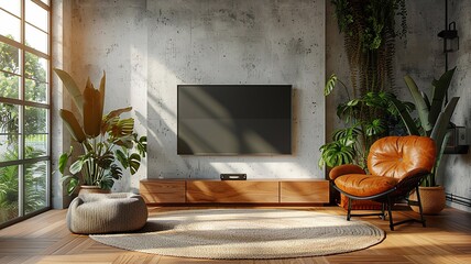 Minimal living room with TV cabinet, vintage armchair, white plaster wall, 3D render high resolution