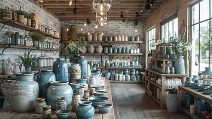 A rustic home decor shop with blue and white pottery displayed on wooden shelves.