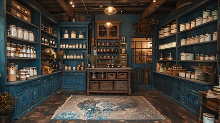 Rustic interior design with shelves of jars and antique furniture.