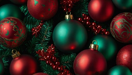 Fototapeta premium generative AI Shiny christmas baubles in red, green, and gold bring festive joy and color, sparkling and glittering to create a merry atmosphere. Perfect for spreading holiday cheer and setting a fes