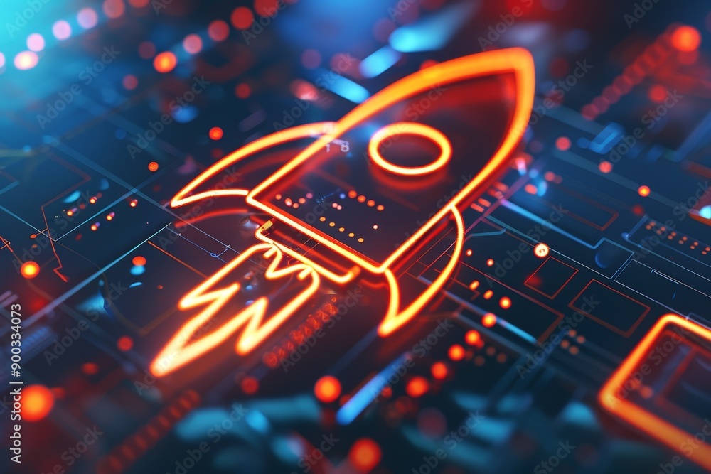 Aufkleber rocket ship is shown on circuit board, 3D icon of rocket symbolizes progress