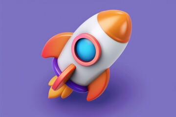 toy rocket ship with blue eye, 3D icon of rocket symbolizes progress