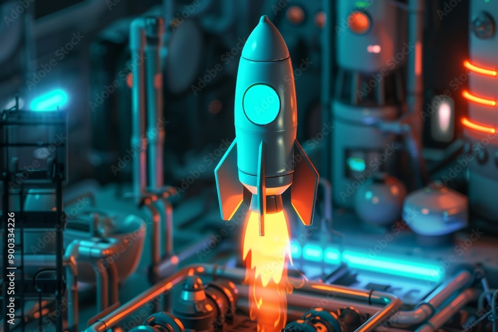Aufkleber rocket is flying through the air, 3d icon of rocket symbolizes progress