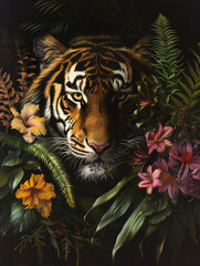 Oil painting of a tiger in the jungle, surrounded by flowers