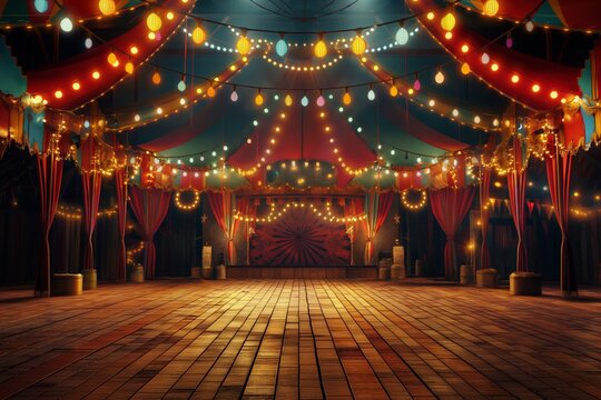 A circus tent with a red and gold color scheme. Stage background