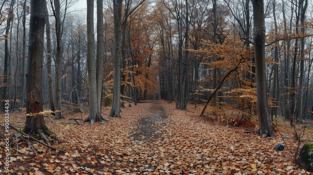 Poster path through forest with fallen leaves