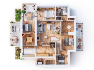 A floor plan of a house with a lot of wood and a balcony. The house has four bedrooms and three bathrooms