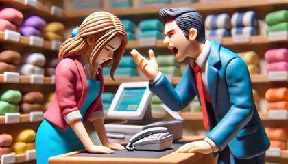 A female employee and an abusive customer at a supermarket.カスハラ、スーパーにおけるカスタマーハラスメント