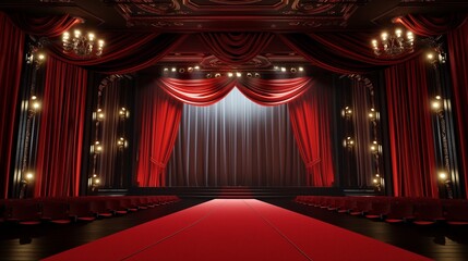 A red curtain hangs in front of a stage. Stage background