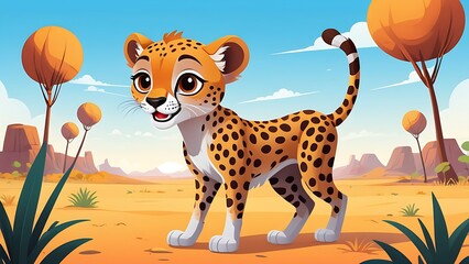 Smiling cheetah with black spots walking in the jungle. Suitable for wildlife, nature, safari, and animalthemed designs and projects.