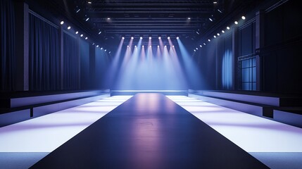 A runway with a blue backdrop and lights shining on it. Stage background