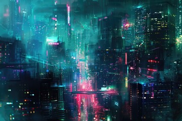 Obraz premium A city street lit up by bright lights and vibrant nightlife