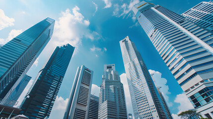 Obraz premium Tall, sleek skyscrapers dominate city skyline in a modern cityscape, showcasing urban development and progress.