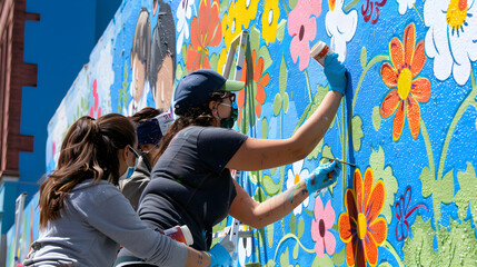 Colorful mural depicting diverse community members coming together to create art in a festival.