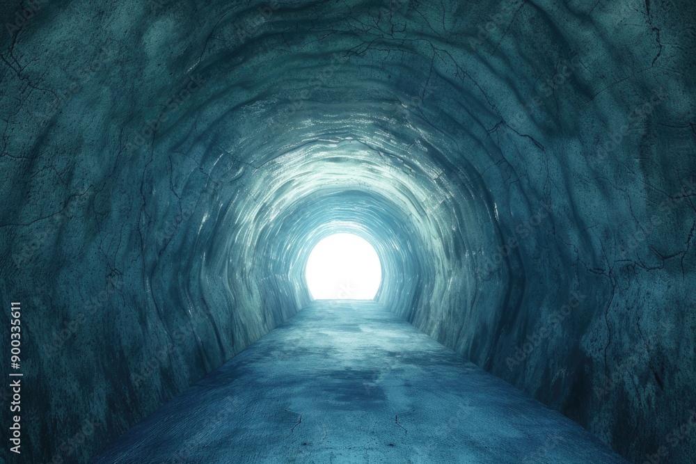 Poster A dark and mysterious tunnel with a faint light at the end, ideal for use in scenes where guidance or hope is needed