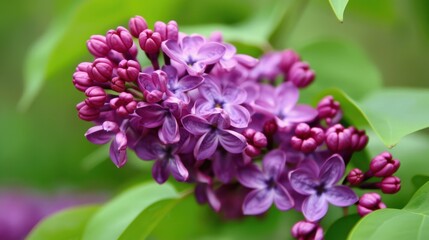 Fototapeta premium Lilac: Known for their enchanting scent and delicate beauty, lilacs symbolize youthful innocence and first love, making them a cherished bloom of early spring. 