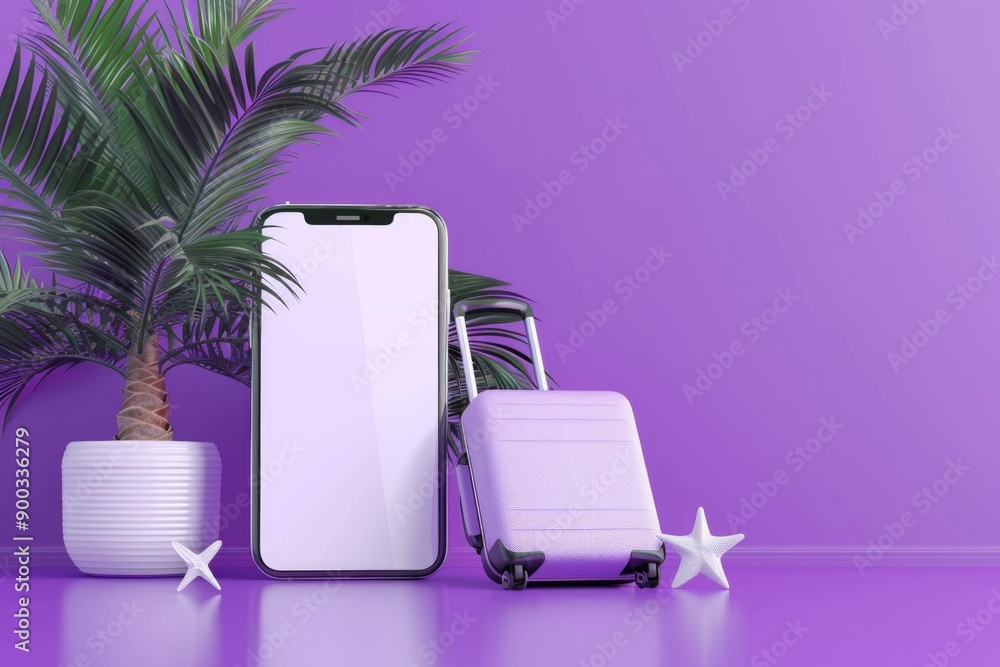 Poster a purple suitcase placed near a phone and a palm tree in a tropical setting