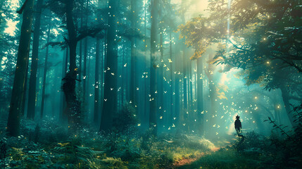 Enchanting forest with towering trees, vibrant colors, and a sense of magic and mystery.