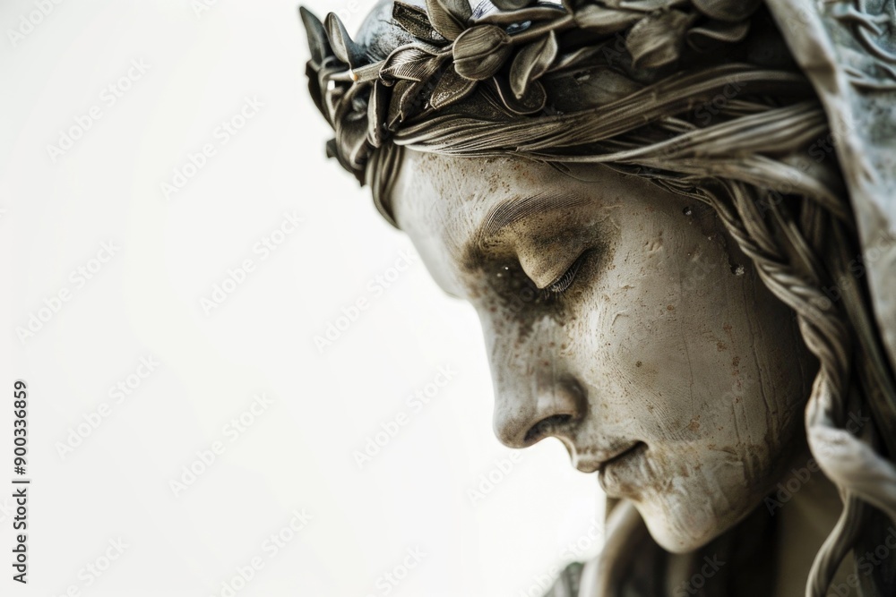 Poster close-up view of a statue depicting a woman's face and neck, ideal for use in editorial or commercia