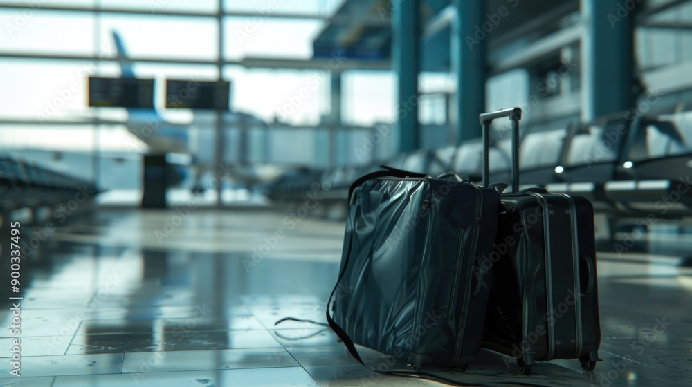 Poster a pair of suitcases resting on a tiled floor, often used in travel or moving scenarios