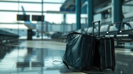 Obraz premium A pair of suitcases resting on a tiled floor, often used in travel or moving scenarios