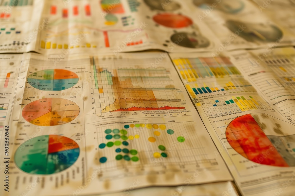 Poster bunch of papers with different colored circles, Arecharts showing the distribution of resources or expenses