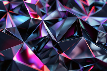 A closeup abstract background with black triangles reflecting vibrant pink and blue light