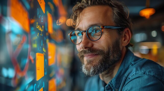 A man with a beard and glasses looks thoughtfully at a whiteboard with colorful notes.