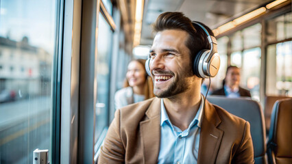 Businessman listening to music with headphones in a bus. Business people traveling by bus.