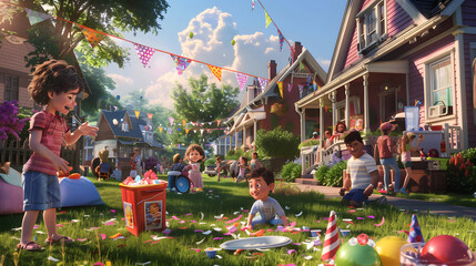 Vibrant neighborhood block party with colorful decorations, music, dancing, and community members socializing outdoors.