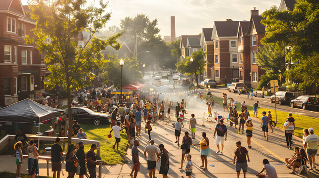 Vibrant street filled with diverse residents enjoying music, food, and games at block party.
