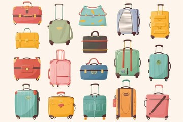 Various suitcases and travel bags on wheels, ideal for transportation or storage