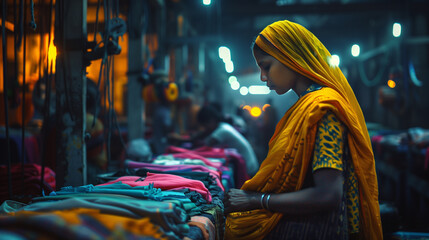 Obraz premium Woman examining colorful fabrics at night market.