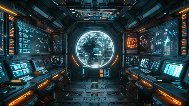 Futuristic spaceship bridge with Earth globe in view.