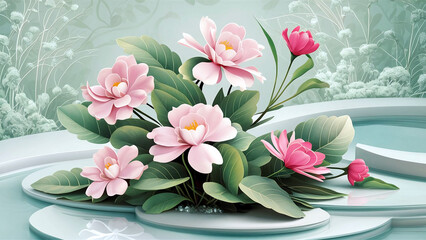 Minimalist white gardenia flowers with a soft green garden background, perfect for luxury wedding greeting cards and formal themes. 