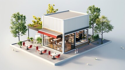 3d rendering of a small business cafe with outdoor seating. The cafe has a modern design with large windows and a green roof.
