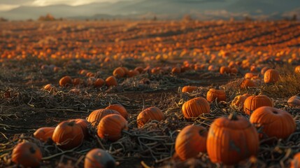 A field filled with pumpkins sitting on top of dry grass, perfect for autumn or harvest themed images