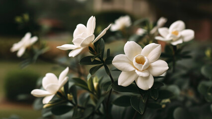 Obraz premium Minimalist white gardenia flowers with a soft green garden background, perfect for luxury wedding greeting cards and formal themes. 