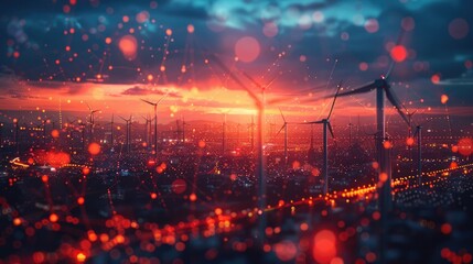 Fototapeta premium Wind Turbines and Digital Network at Sunset Over Cityscape