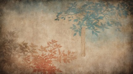 Aged textured paper parchment background with traditional Asian drawing of foliage.