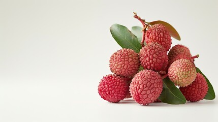 A close-up image of a lychee bunch with green leaves on a white background. The lychee is a tropical fruit that is native to China.